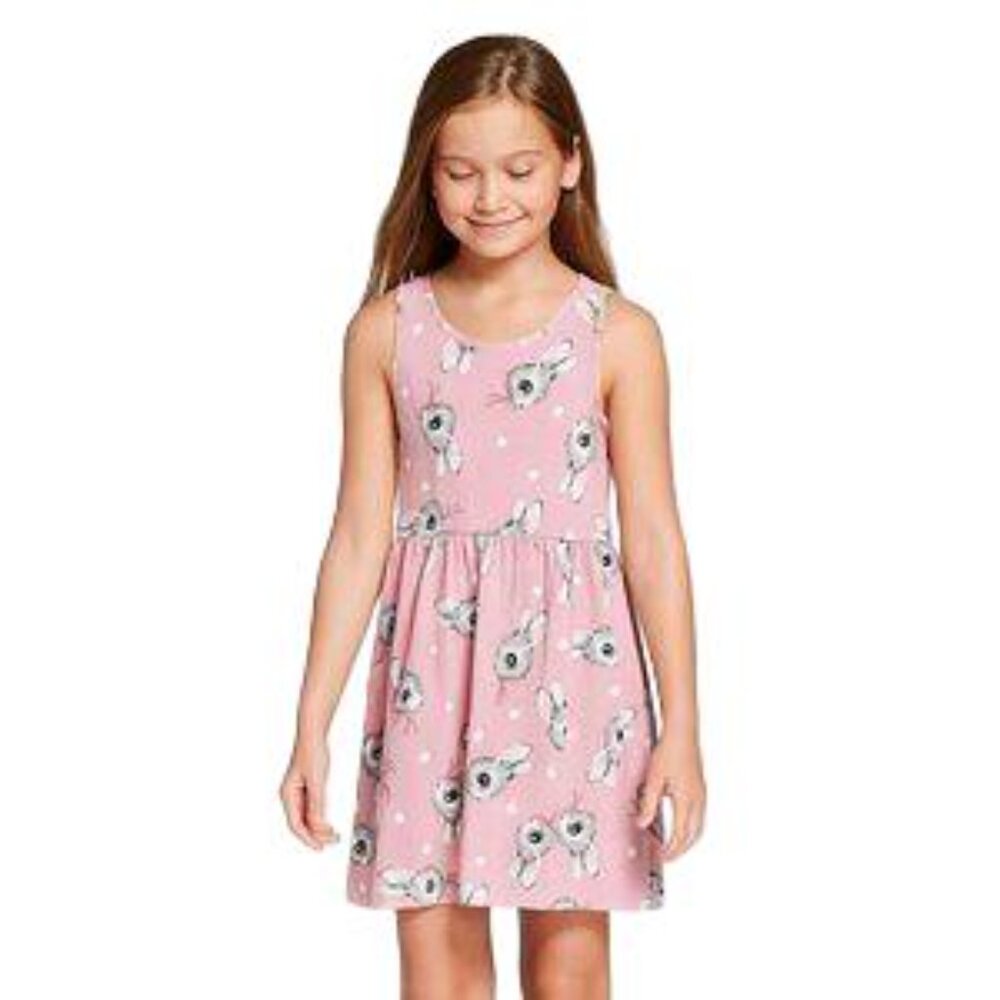 H&M Girls Fit & Flare Bunny Print Dress Pink White Sleeveless Scoop Neck Size 6X